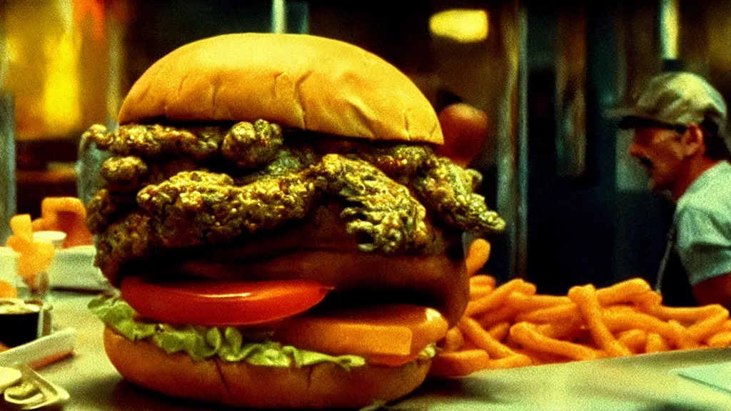 Image similar to the strange cheeseburger creature at the fast food place, film still from the movie directed by denis villeneuve and david cronenberg with art direction by salvador dali and zdzisław beksinski, wide lens