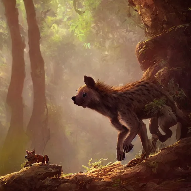 Image similar to a beautiful painting of a cute brown hyena in a forest. disney character design by cory loftis, fenghua zhong, ryohei hase, ismail inceoglu and ruan jia. artstation, volumetric light, detailed, photorealistic, rendered in octane