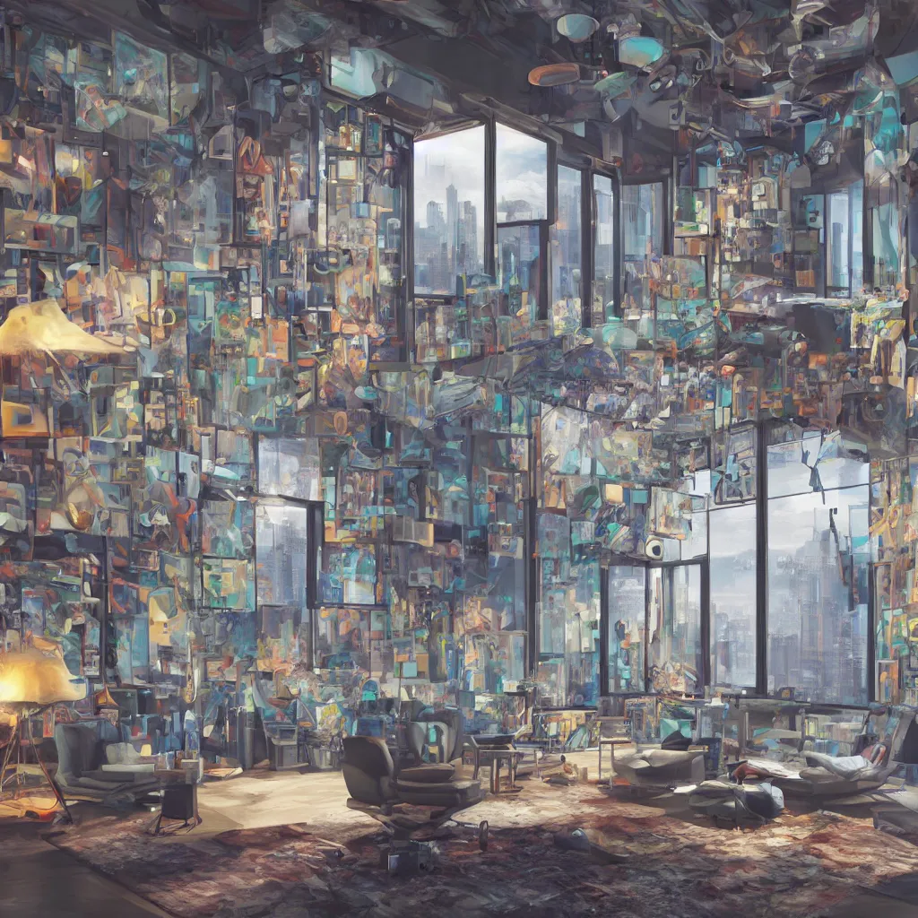 Image similar to photo realistic look inside a modern ai artists room with video screen walls and whimsical furniture with large windows overlooking a metropolis, perfect symmetry, super focus, 8 k, cinematic lighting, techie, mechanical, psychedelic, fractal, relaxing