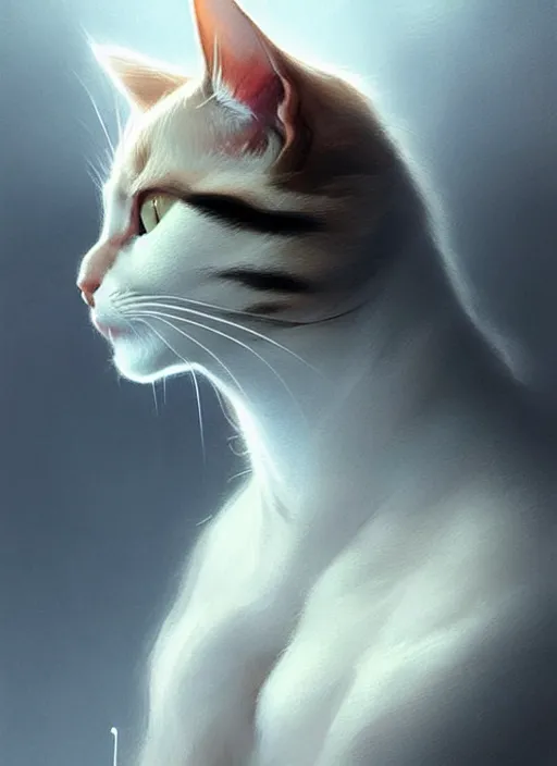 Image similar to a cat thinking about what he had done, everything slowly falling, elegant, highly detailed, digital illustration, trending in artstation, trending in pinterest, glamor photo, concept art, smooth, sharp focus, art by artgerm and greg rutkowski