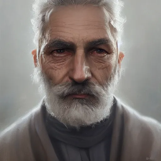 Image similar to An oil painting of a man dressed in priest robes, 50 years old, short grey hair, trimmed beard, sharp facial features, beautiful, highly detailed, by Cédric Peyravernay, trending on artstation