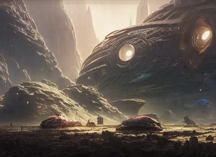 Image similar to A colony built on a asteroid as Starcitizen loading screen, intricate, dystopian, fantasy, extremely detailed, digital painting, artstation, concept art, smooth, sharp focus, illustration, stark lighting, incredible art by artgerm and greg rutkowski and alphonse mucha and simon stalenhag