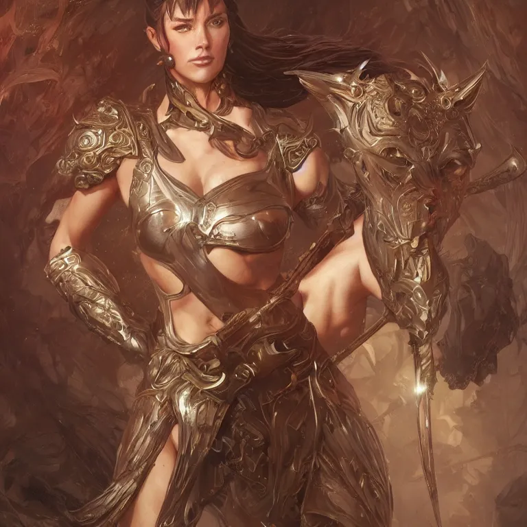 Image similar to fullbody portrait of a female fantasy warrior, muscular, upper body, intricate, elegant, highly detailed, digital painting, artstation, concept art, matte, sharp focus, illustration, art by Artgerm and Greg Rutkowski and Alphonse Mucha