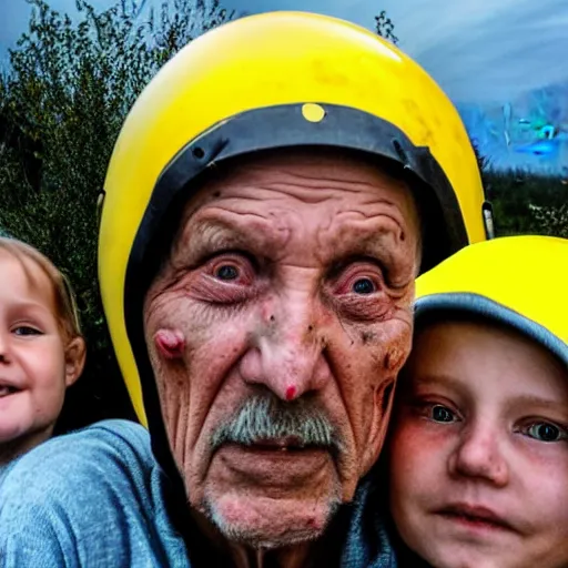 Prompt: selfie of the last surviving ukrainian with children with evil faces, all in helmets with weapons, wild pain and damage to the body burns alive to the bone, painted in dirty yellow - blue colors, a huge nuclear explosion is approaching in the background, a very detailed photo