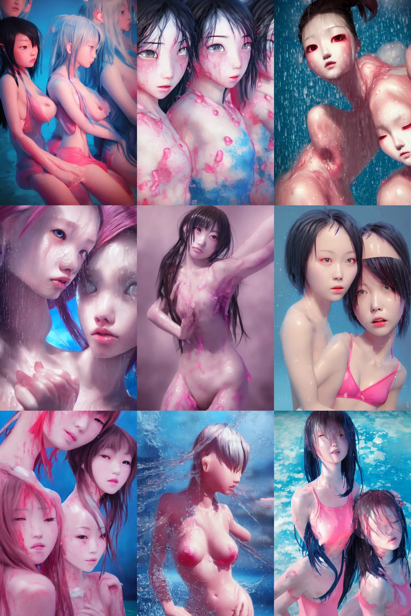 Prompt: 3d dark infrared octane render art by D. Jun, by Mo Xiang Tong Xiu, by Igarashi Daisuke, beauty portrait anime school girls sisters under dark pink and blue water. cute face. wet skin. dramatic light, trending on artstation, oil painting.