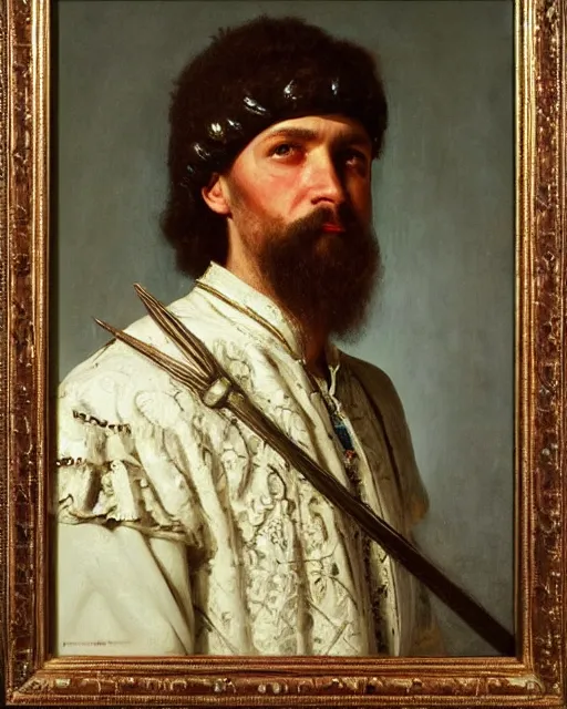 Image similar to realist portrait of a nobleman with a dagger by andrey shishkin, oil on canvas