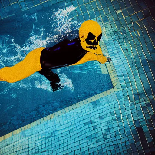 Prompt: kodak photo of ghost rider in the swimming pool, kodak, photo, very detailed