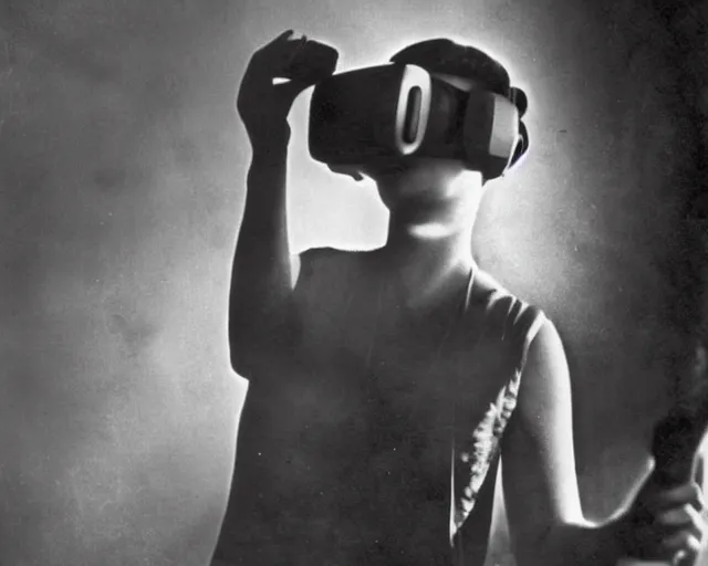 Image similar to 1 9 2 0 s photo of a flapper girl wearing a vr headset on a stage in a speakeasy