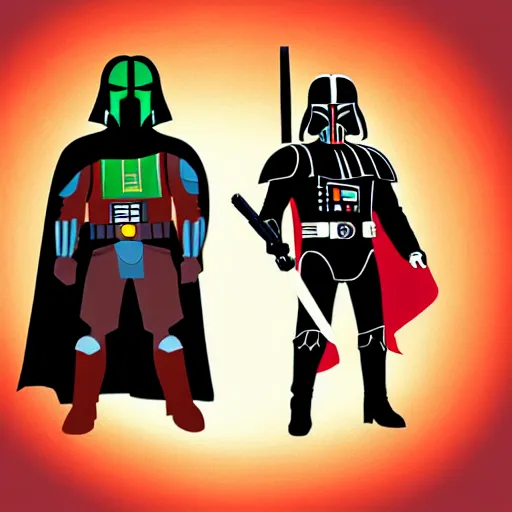 Image similar to cartoon of darth vader and boba fett standing proudly shoulder to shoulder