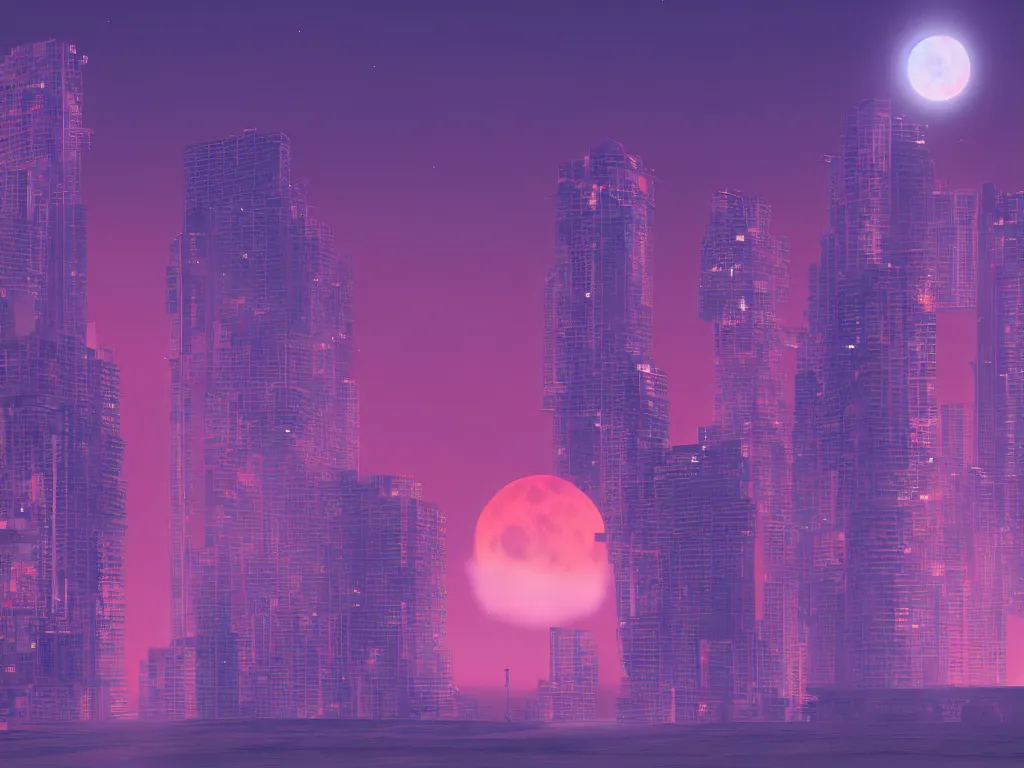 Prompt: vaporwave skyscraper under a blood moon, 4k desktop background, HD photography, artstation, cgsociety