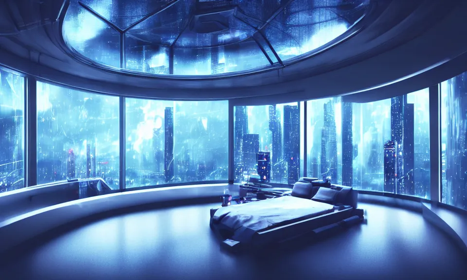 Image similar to a futuristic bedroom with large curved ceiling high windows looking out to a far future cyberpunk cityscape, cyberpunk neon lights, raining, scifi