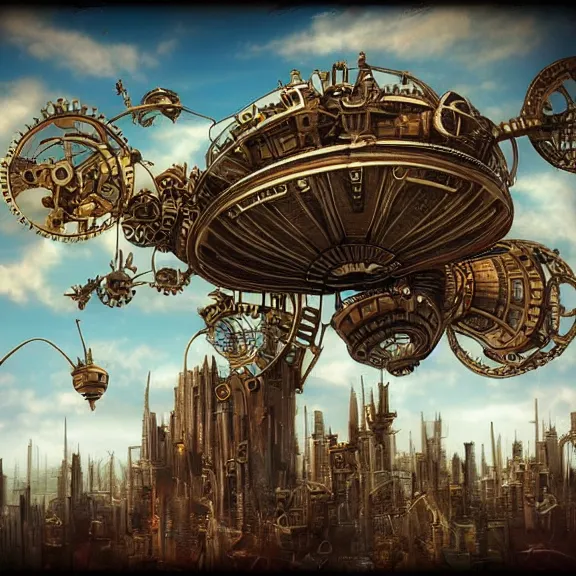 Image similar to flying city in a mechanical flower, sky!, fantasy art, steampunk, masterpiece, behrens style