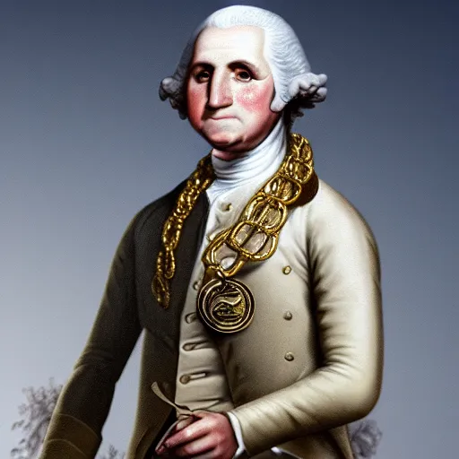 Image similar to a closeup photorealistic illustration of a happy George Washington holding wearing a chain around his neck with a small gold Doubloon coin as a necklace. This 4K HD image is Trending on Artstation, featured on Behance, well-rendered, extra crisp, features intricate detail and the style of Unreal Engine.