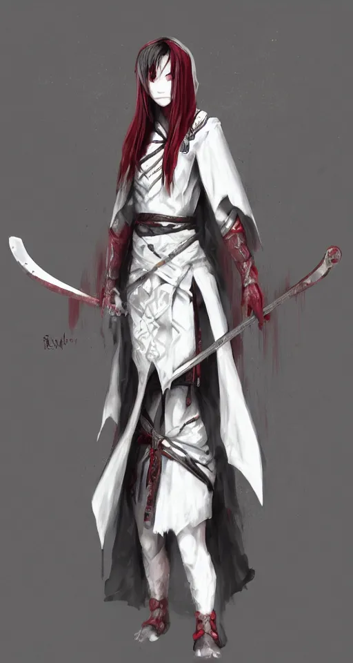 Prompt: samarai cloaked in white with swords, standing in light beam of a dark cave, ruby red sorrow, high quality, ultra detail, concept art ,artstation