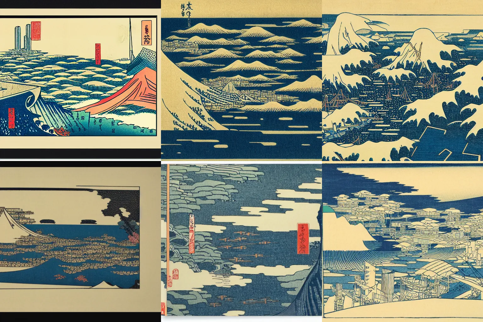 Prompt: Distant future cityscape, woodblock print by Hokusai