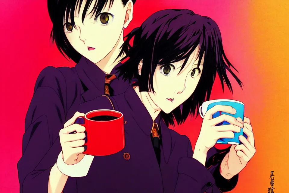 Prompt: colorful, anime portrait of a heroine drinking coffee, katsuhiro otomo, murata range, Ilya kuvshinov,fine texture, fine details, matte print, film noir, dramatic lighting, manga, anime, extreme perspectivedynamic composition, cinematic, film grain, moody, vivid, volumetric, alphonse mucha, art deco, smooth light shading, stippled lighting