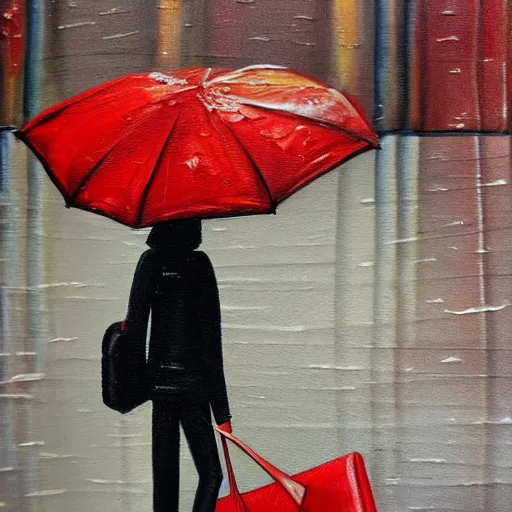 Image similar to detailed painting of paperbag head person standing at a bus stop, comic style, holding a red umbrella, glossy from rain, rain details, street filled with water, muted fall color palette,