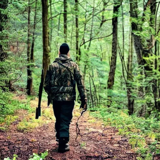 Image similar to modern day hunter, walking through the woods.