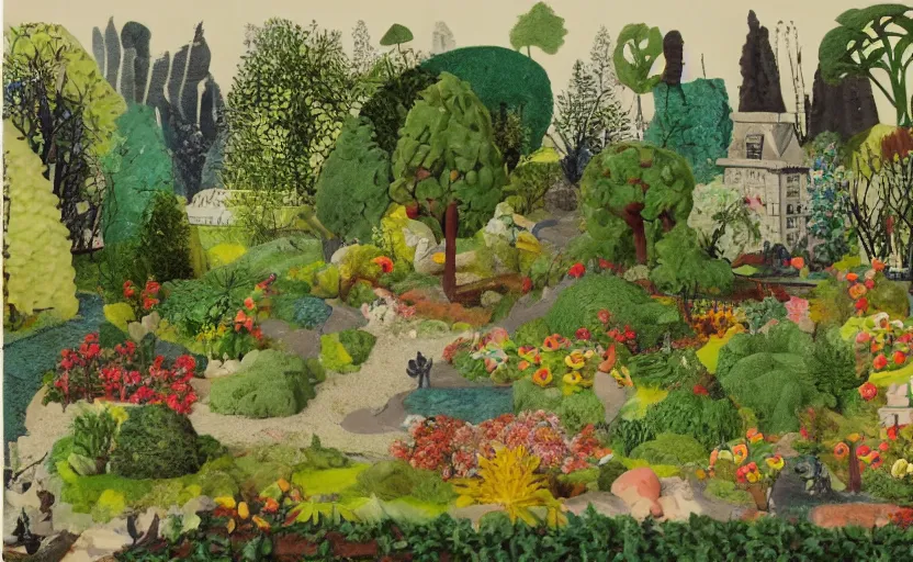 Image similar to a landscape claymation of a garden in a park, collage, henri berthaut, art - deco, miner kilbourne kellogg, gardens