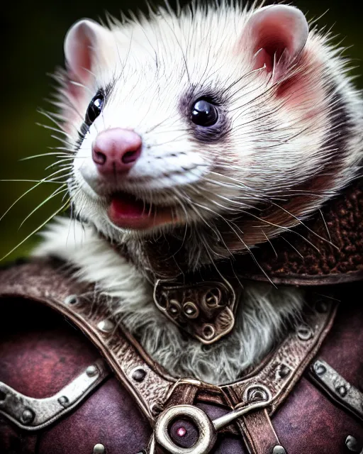 Image similar to ferret warrior, furry, fantasy, viking, high detailed, photography, cloudy, lightweight leather armour, scandinavia, plain, detailed face, look into the distance, serious face, full body, in full growth, professional photographer, masterpiece, 5 0 mm, extremely detailed, 8 k