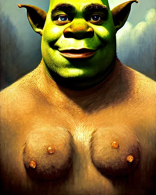 Image similar to a half body portrait of shrek, high detail, cleary see face, by gaston bussiere, bussiere rutkowski andreas rocha, bayard wu, greg rutkowski, odd nerdrum, maxim verehin, dan dos santos, masterpiece, sharp focus, cinematic lightning