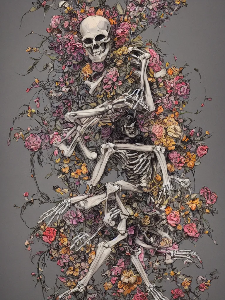 Prompt: a realistic skeleton covered in flowers in a dynamic pose, in the style of james jean and peter mohrbacher, highly detailed, soft lighting,