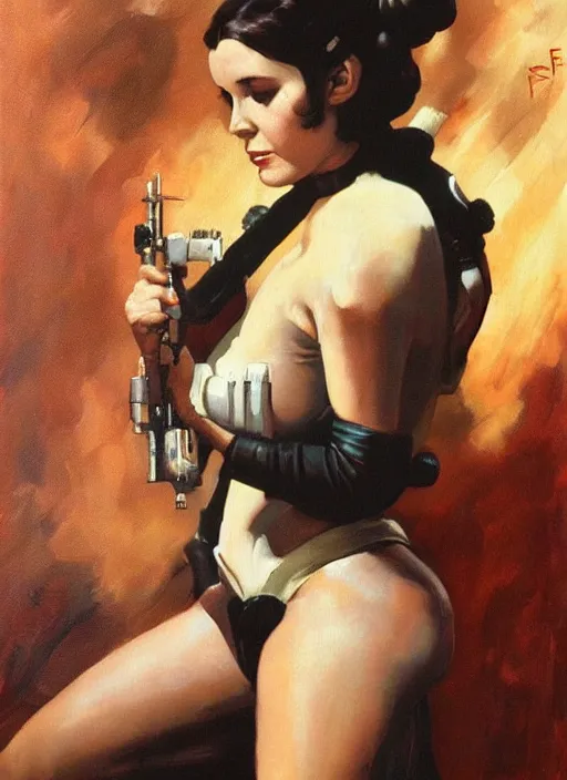 Prompt: oil painting of Princess Leia by frank frazetta alluring pin up deviant art star wars