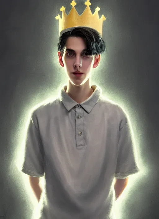 Image similar to portrait of teenage jughead jones wearing a light grey crown, photorealistic, crown, eyes closed, crown, black hair, intricate, elegant, glowing lights, highly detailed, digital painting, artstation, concept art, smooth, sharp focus, illustration, art by wlop, mars ravelo and greg rutkowski