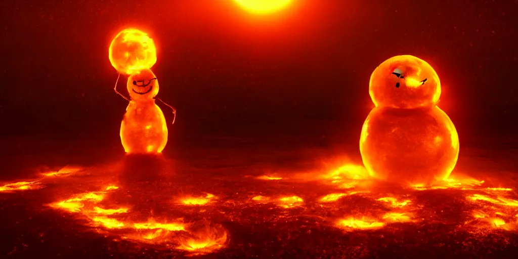 Image similar to a melted glowing snowman melting on top of the sun. the ground is made of fire and lava and is glowing orange. cinematic, dramatic, epic, volumetric lighting, atmospheric, red, orange extremely coherent, masterpiece, highly detailed, trending on artstation, 8 k, space, warm, solar flare, blade runner 2 0 4 9