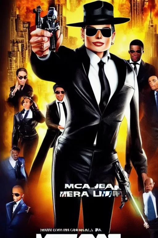 Prompt: movie poster titled'agent m'a michael jackson men in black spin off movie with black suits with co stars will smith and chris tucker, movie announcement, mcu, uhd, sharp, ultra realistic face, 4 k, cinematic, marvel, render, behind the scenes, leaked, set photo, detailed, modern, real life, sighting, photo real