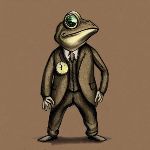 Prompt: “ frog in brown three. piece suit with pocket watch, concept art style ”