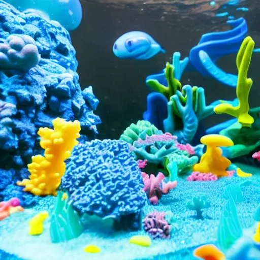 Image similar to coral reef made of fisher-price plastic, filled with blue goo, surrounded by monolithic mirrors 85mm scene from a tv show 55mm-W 768