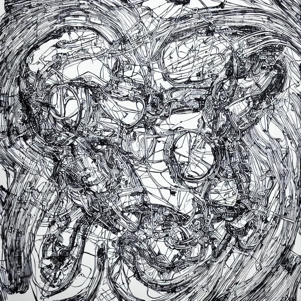 Image similar to ultra precise fineliner drawing of a machine which embeds a man inside a squid, minimal injury, maximal squidification. black marker pen on white gloss paper. gallery quality, winner of nobel prize for insanity