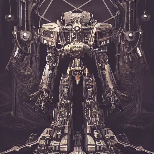 Image similar to mecha, highly detailed, dark enlightenment, alchemy, Nigredo, cinematic smooth stone, deep aesthetic, concept art, post process, 4k, dark metal, highly ornate intricate details, art deco,