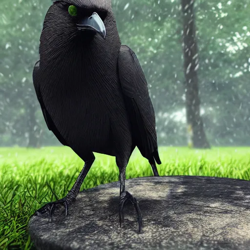 Image similar to a big friendly jungle crow in a park in a rainy day, digital painting, ultra detailed, unreal engine 5