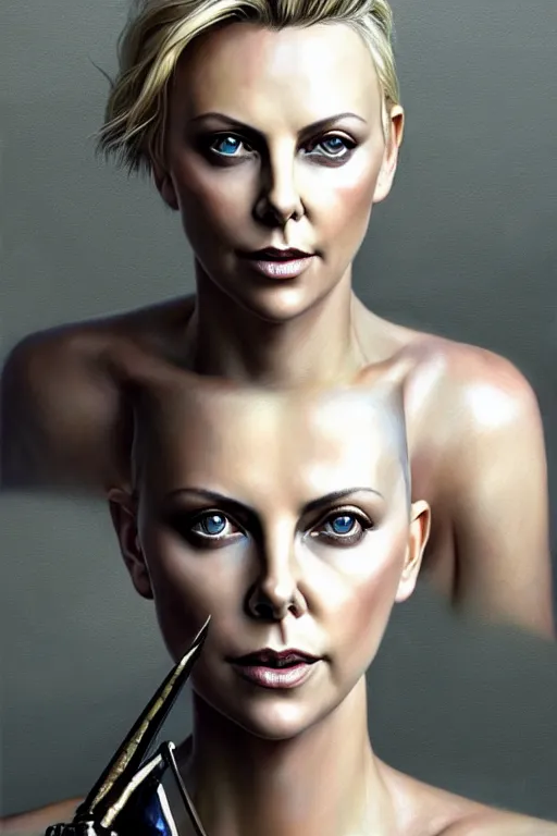 Image similar to a photorealistic painting of Charlize Theron, partially clothed in metal-plated battle armor, olive skin, long dark hair, beautiful bone structure, symmetrical face, perfect eyes, intricate, elegant, digital painting, concept art, illustration, sharp focus, minimal artifacts, from Metal Gear, in the style of Ruan Jia and Mandy Jurgens and Greg Rutkowski, trending on Artstation, award winning