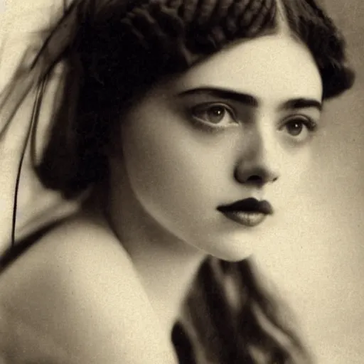 Prompt: headshot edwardian photograph of elle fanning, scarlett johansson, lily collins, barbara palvin, 1 9 2 0 s film actress, realistic face, 1 9 1 0 s, grainy, victorian, detailed, soft blur