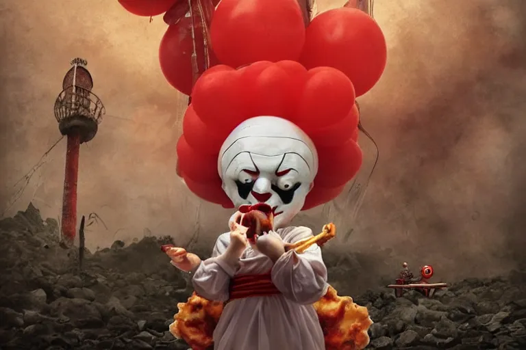 Prompt: pennywise as pulcinella! with a pizza! margherita in front of vesuvius! spewing lava, by esao andrews, by james jean, post - apocalyptic, hyperrealistic, big depth of field, night scenery, glowing lava, 3 d octane render, 4 k, conceptart, masterpiece, hyperrealistic, trending on artstation