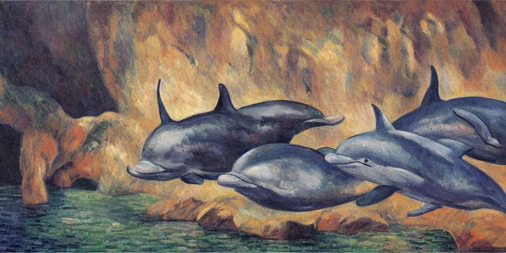 Prompt: dolphin and cat in a cave, expressive oil painting by christopher radlund and camille pissaro