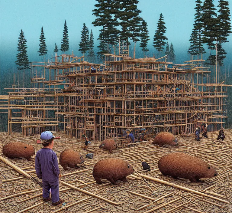 Prompt: photography hyperrealism concept art of highly detailed anthropomorphic beavers builders that building city with sticks by hasui kawase and scott listfield sci - fi style hyperrealism