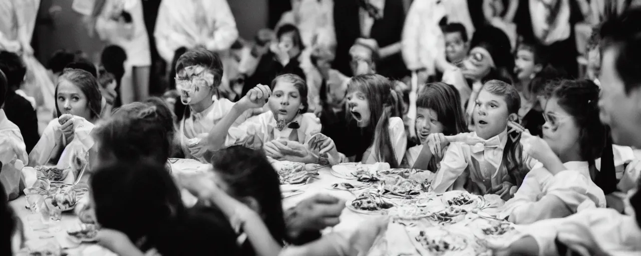 Prompt: young people eating spaghetti at a cotillion dance, fancy outfits, high detailed face, facial expression, small details, intricate, canon 5 0 mm, high detail, intricate, cinematic lighting, photography, wes anderson, film, kodachrome