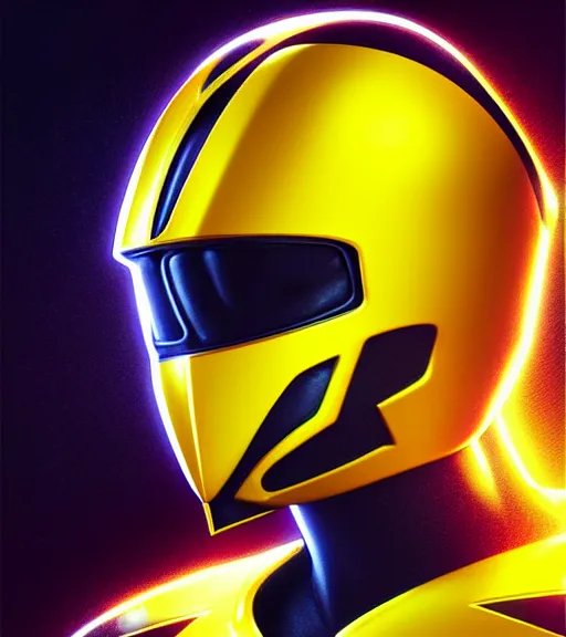 Prompt: symmetry!! yellow ranger, lightning - bolt - shaped helmet!!, hard edges, product render retro - futuristic poster scifi, lasers and neon circuits, yellow ranger, intricate, elegant, highly detailed, digital painting, artstation, concept art, smooth, sharp focus, illustration, dreamlike, art by artgerm