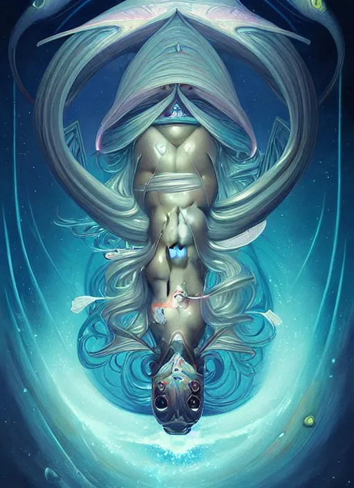 Image similar to symmetry!! pisces the fish!!!! highly detailed, high contrast, light reflection, trippy, nebula, trending on art station by artgem, by peter mohrbacher, by wlop, by ruan jia