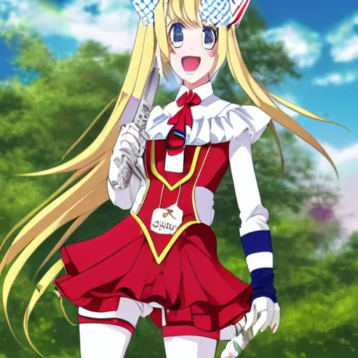 Image similar to An anime magical girl with long blond ponytails, dressed in a sailor-suit school uniform inspired attire, wearing a golden tiara in her forehead, white elbow-length gloves and red thigh-high boots