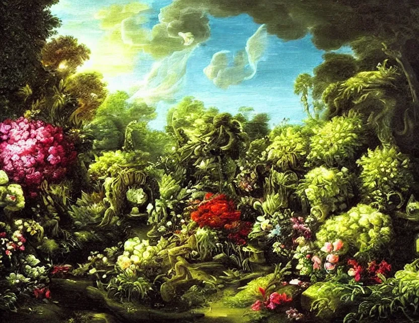 Prompt: ocean spirit lost in a garden. this rococo and art noveau painting by the award - winning artist has dramatic lighting, an interesting color scheme.