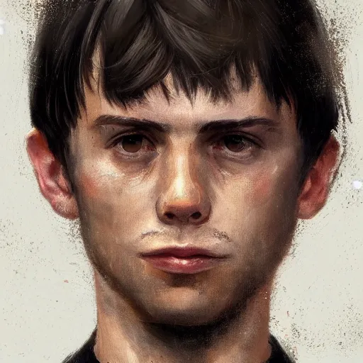 Prompt: Portrait of a man by Greg Rutkowski, he is about 20 years old, mixture between french ans spanish, short brown hair with bangs, attractive, wide forehead, sturdy, he is horrified and resigned looking at the computer screen knowing the schedule for the second semester, he is wearing a black t-shirt, highly detailed portrait, digital painting, artstation, concept art, smooth, sharp foccus ilustration, Artstation HQ