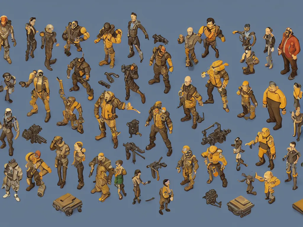 Prompt: isometric character, fallout npc! gouache, kitbash, arcane, overwatch, white background