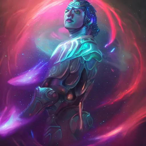 Image similar to photorealistic fantasy cosmic concept art of a cosmic nebula God in dark matter armor hovering in a unknown galaxy, fully body portrait, cinematic, dynamic lighting, ultra detailed, creative, trending on art station