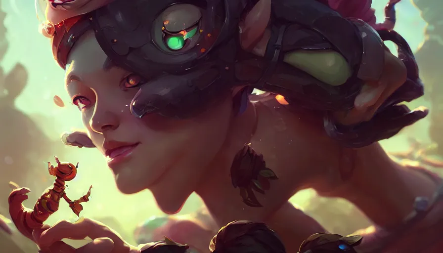 Prompt: portrait of a cute caterpillar, league of legends champion splash art, photorealistic facial features, right side composition, art by pete mohrbacher and guweiz and ilya kuvshinov, highly detailed, intricate, sharp focus, unreal engine 5, 4 k uhd