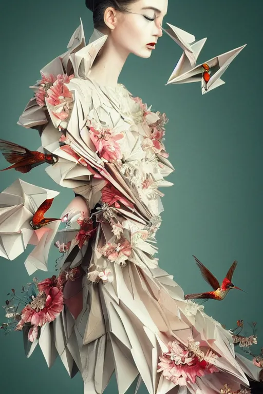 Image similar to fashion illustration of a beautiful girl wearing an origami dress, eye - level medium shot, fine floral ornaments in cloth and hair, hummingbirds, elegant, by eiko ishioka, givenchy, by peter mohrbacher, centered, fresh colors, origami, fashion, detailed, playful, dreamy, vogue, japanese, reallusion character creator